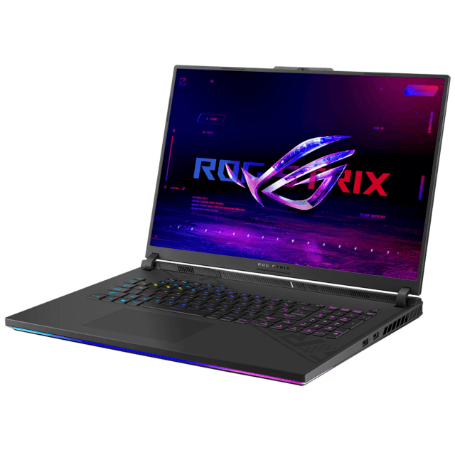 Изображение ноутбука ASUS ROG Strix G18 с игровым дизайном и мощной начинкой, включая процессор Intel i9-13980HX, графический чип NVIDIA GeForce RTX 4060, 16 ГБ оперативной памяти DDR5 и 512 ГБ SSD-накопитель