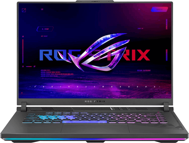 Изображение ноутбука ASUS ROG Strix G18 с игровым дизайном и мощной начинкой, включая процессор Intel i9-13980HX, графический чип NVIDIA GeForce RTX 4060, 16 ГБ оперативной памяти DDR5 и 512 ГБ SSD-накопитель